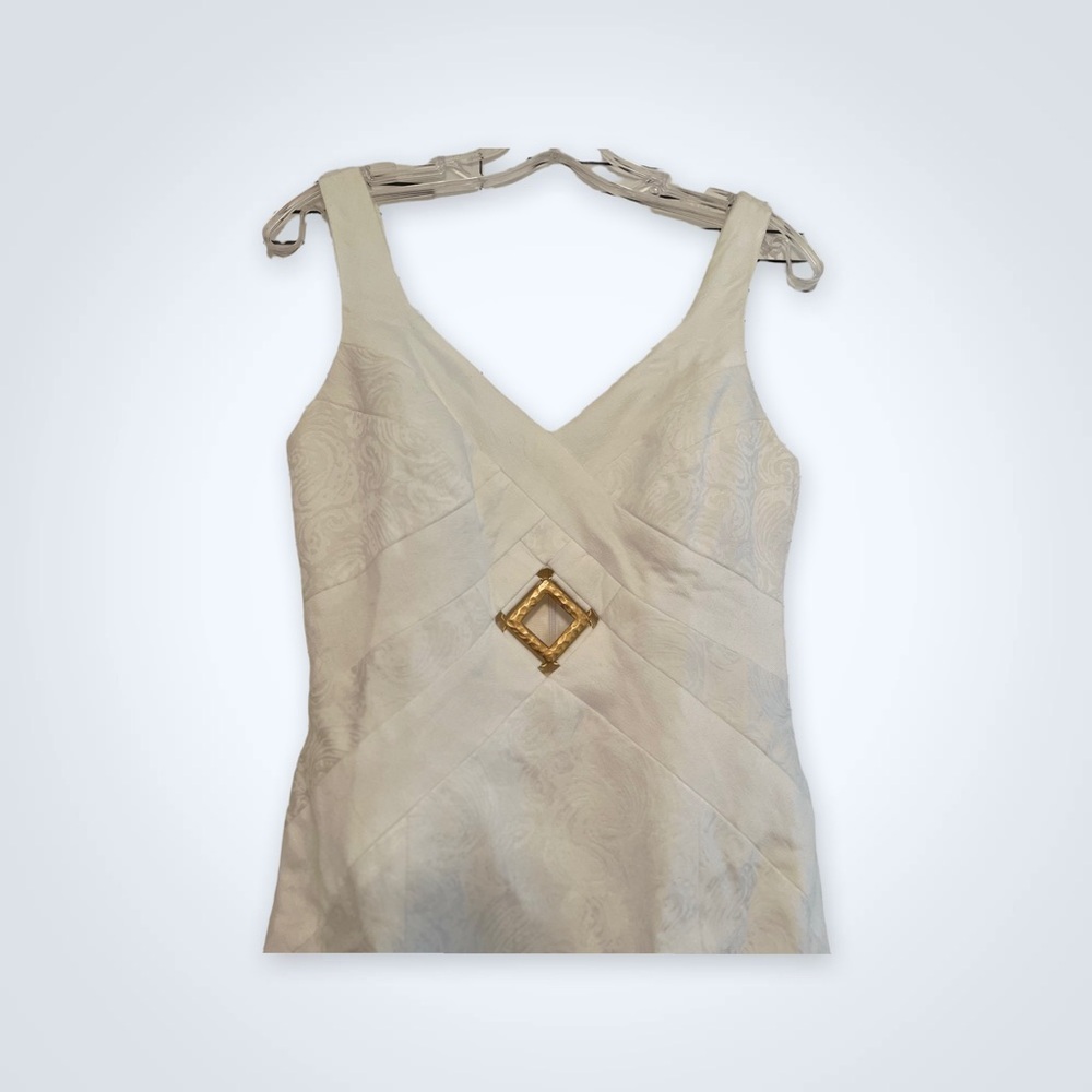 Vintage 90s Dress Sheath Linda Segal Cream Jaquard Matte Gold Keyhole Bust 4-6 - Picture 3 of 7